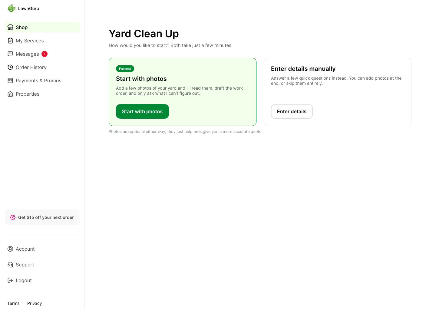 Choice between starting with photos or entering details manually