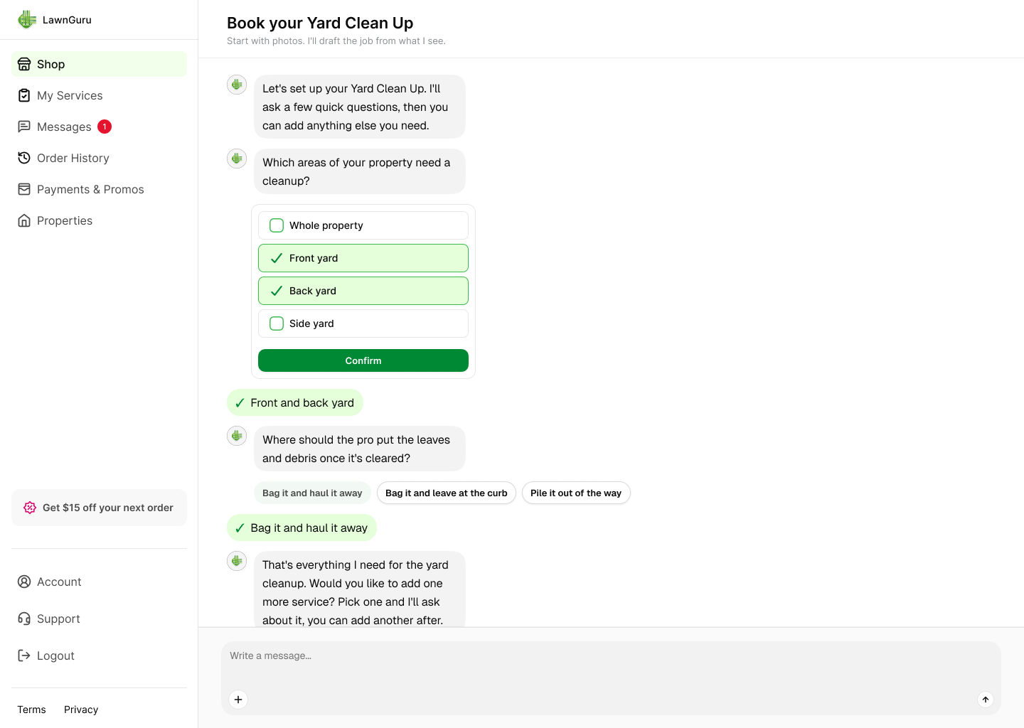 Manual chat flow asking one question at a time with quick-reply options