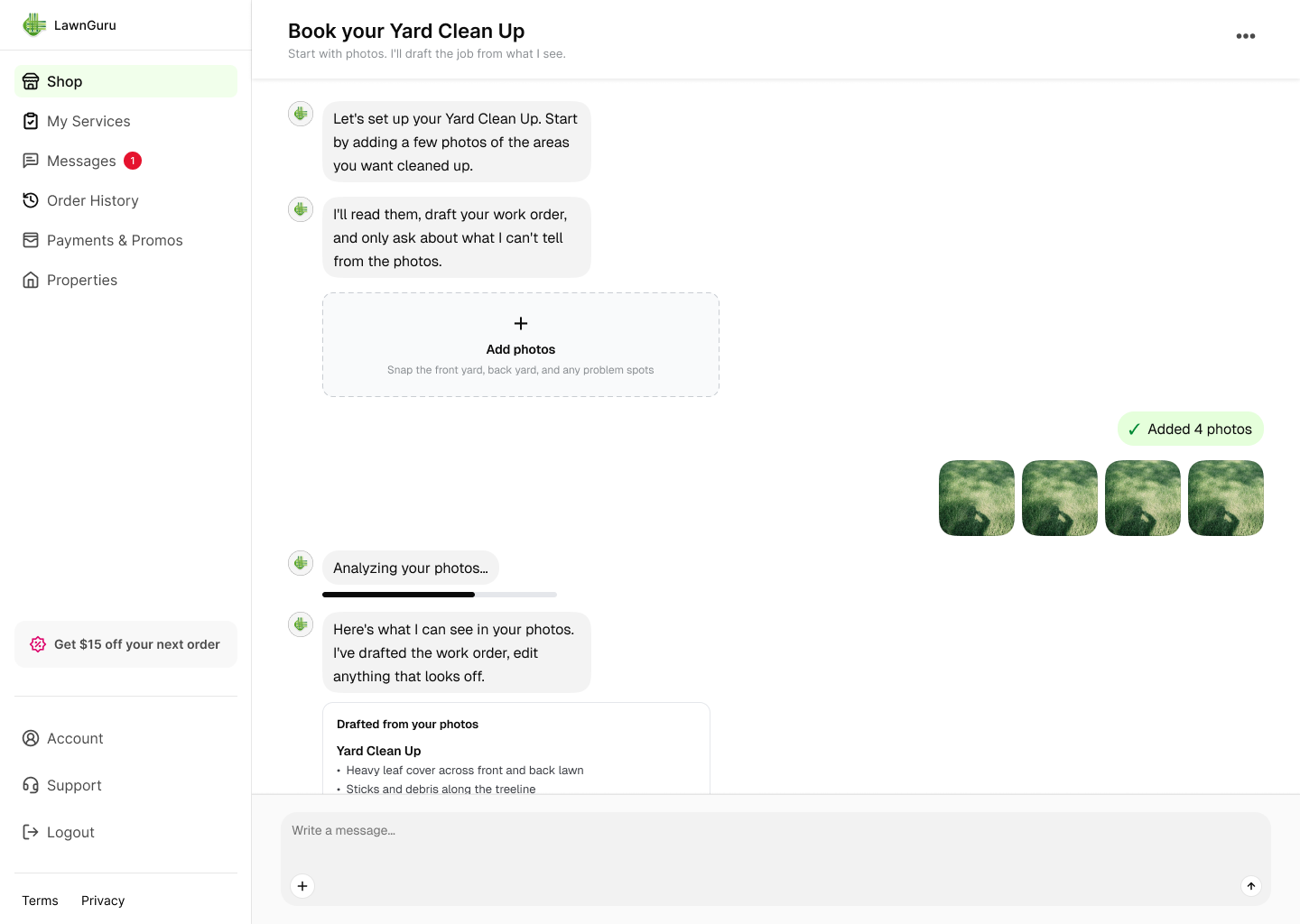 Photo-first flow: attaching photos and receiving an AI-drafted work order