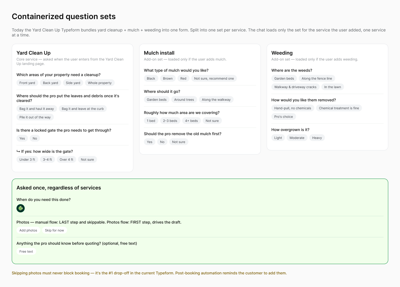 Containerized question sets for Yard Clean Up, mulch install, and weeding