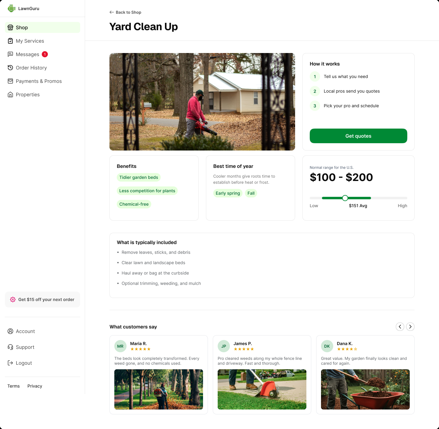 Yard Clean Up service page showing how it works, price range, and customer reviews