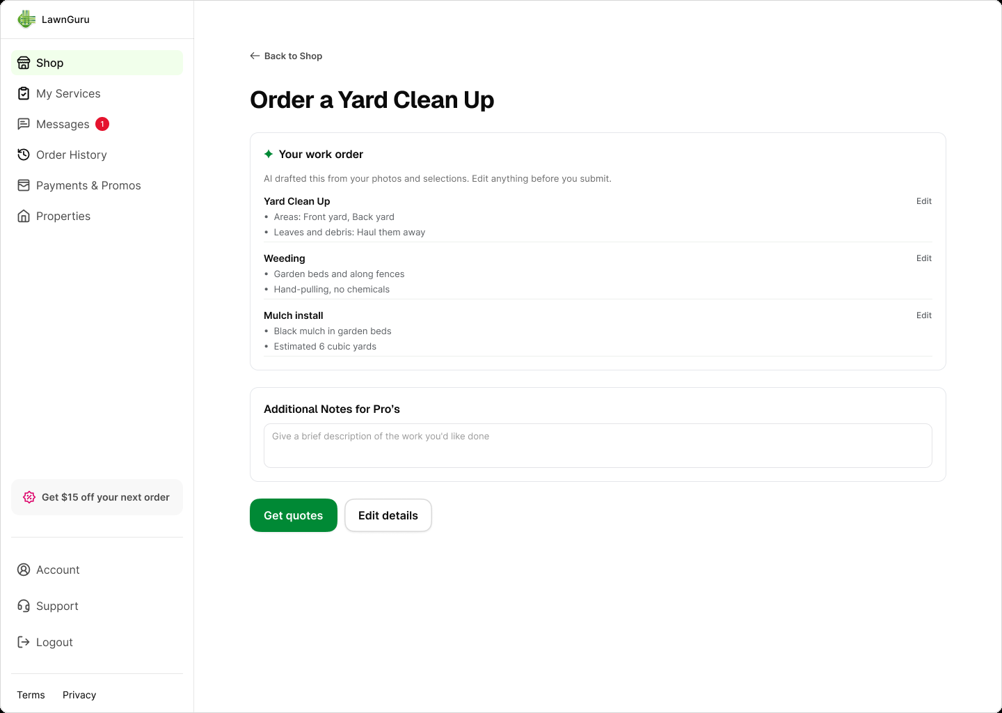 Editable work order summarising cleanup, weeding, and mulch install before submitting